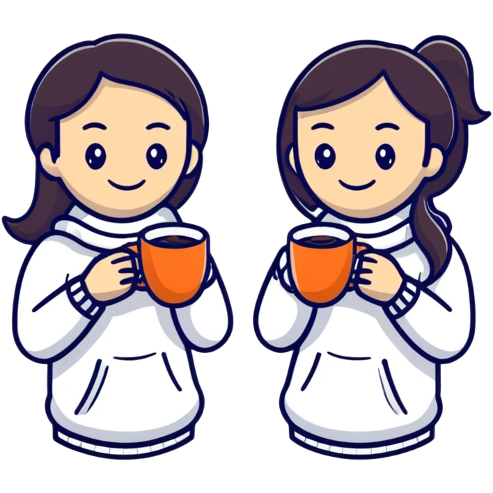 Two girls smiling, holding one coffee cup together emoji
