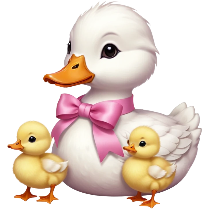White mama duck with baby chicks with pink ribbons around neck emoji