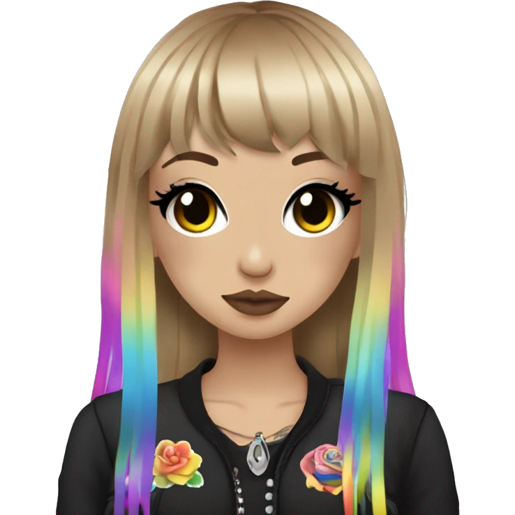 hime gyaru girl, long brown blonde hair with rainbow fringe, tattoos, dark makeup, goth grunge clothes emoji