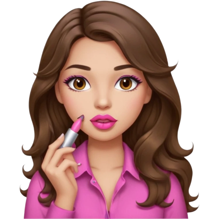 girl with long wavy brown hair, brown eyes, light to medium complexion, in a pink sexy shirt, pink lips, long lashes, puckered lips, putting on lipstick emoji