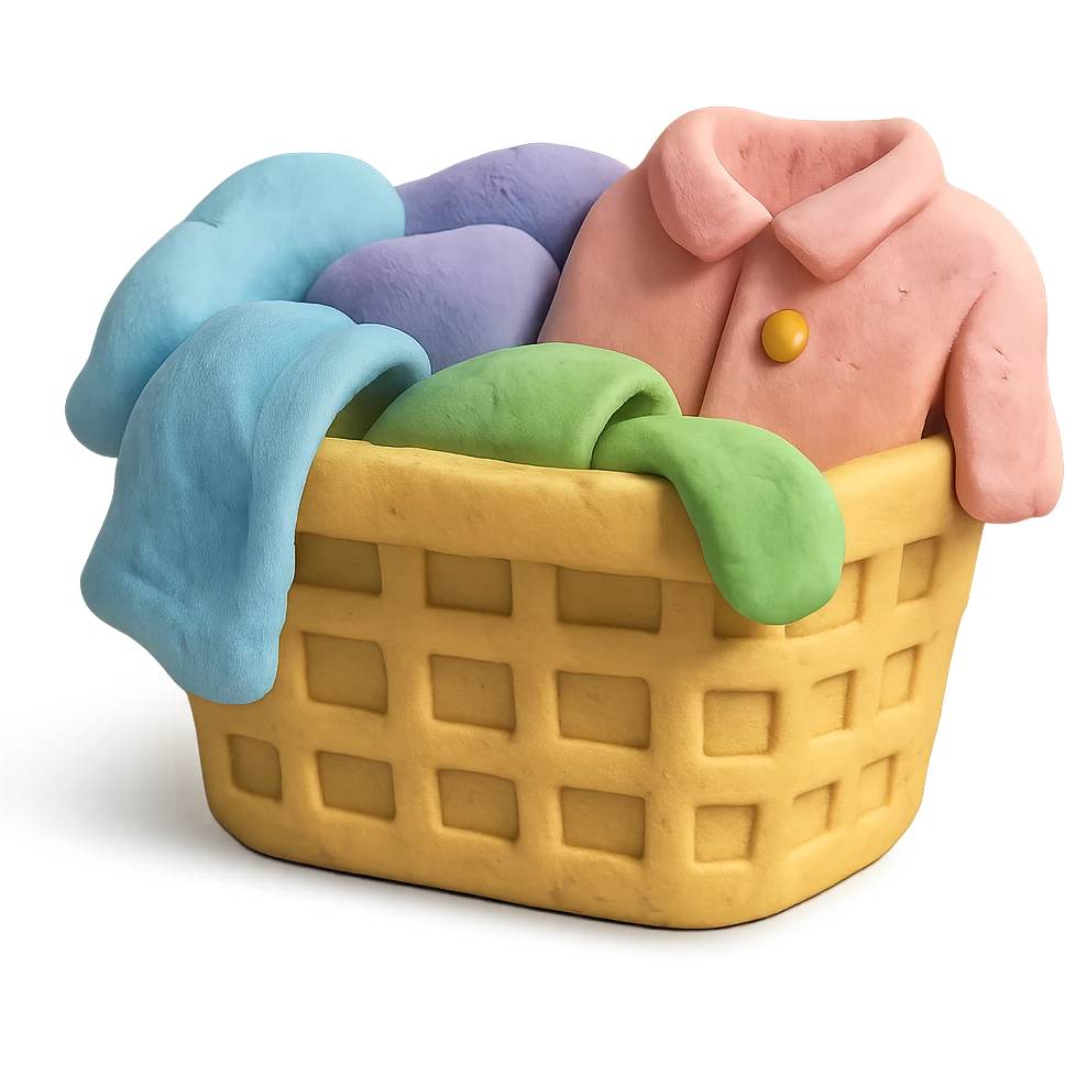 laundry basket with towels and shirts peeking out, pastel colors, claymation style emoji