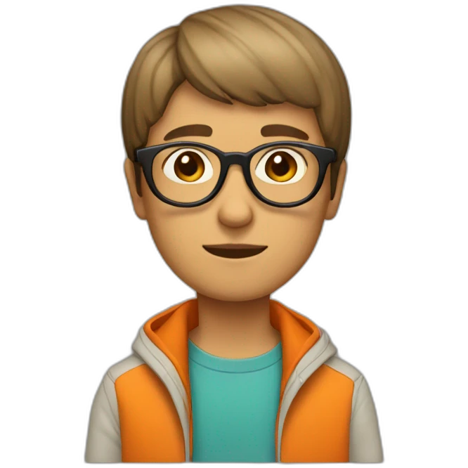 a man with a bowl cut brown glasses, a orange jacket emoji