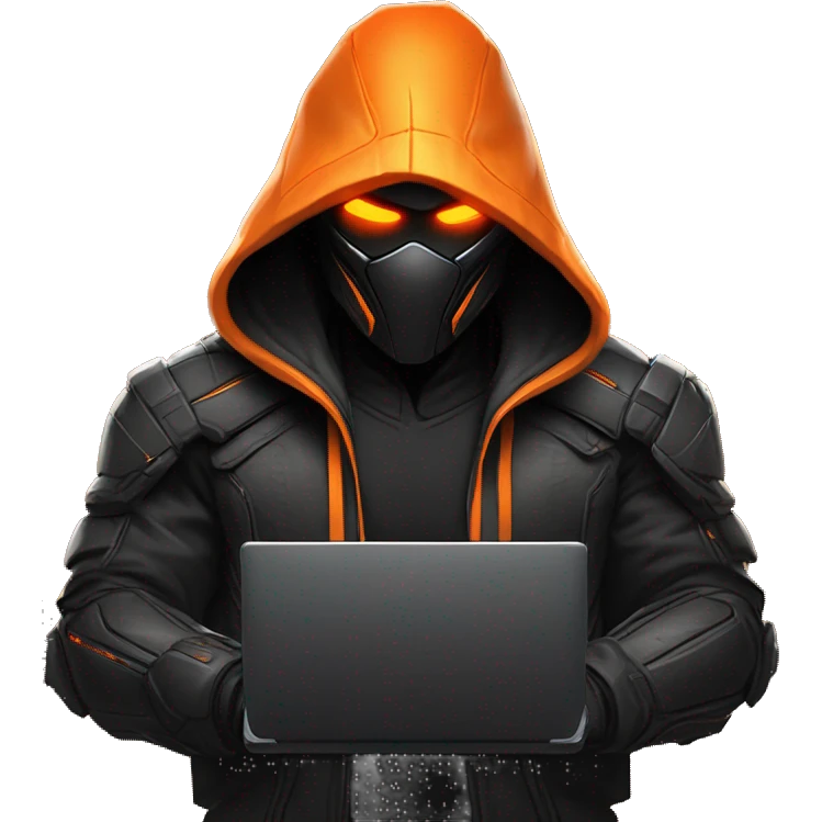  developer behind his laptop with this style : crysis Cyberpunk Valorant orange glowing bright orange character orange black hooded assassin themed character emoji