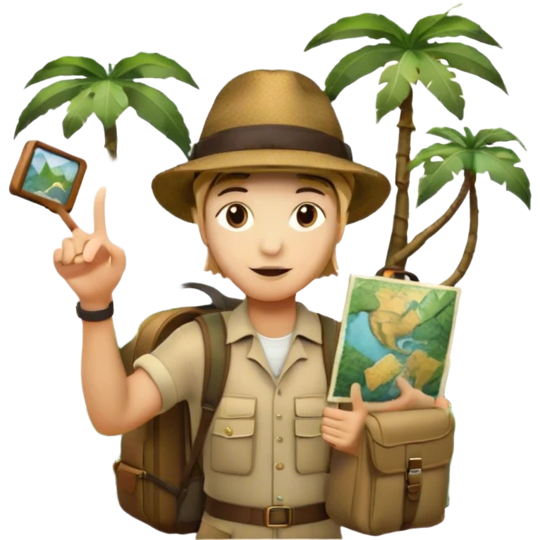 Icon for Travel Documentary: A vintage TV-style design with a traveler pointing backward, telling a story in the jungle. Include lush greenery, exotic animals, and a backpack. The traveler should be wearing a hat and holding a map. Retro, informative TV style. Transparent background. emoji