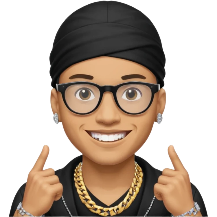 lightskin man with a black durag,a cuban link chain,glasses, and smiling flexing diamond studded teeth  emoji