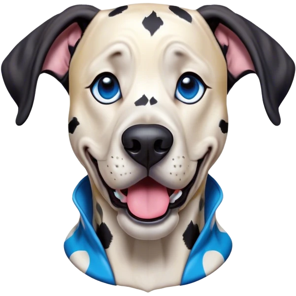 Cinematic Comical Harlequin Great Dane Portrait Emoji, Head tilted dramatically with an exaggeratedly shocked or amused expression, featuring a striking coat of predominantly white with vivid black patches, wide, expressive blue eyes filled with playful disbelief, Simplified yet hilariously expressive features, highly detailed, glowing with a slightly sassy glow, high shine, dramatic yet playful, stylized with an air of cheeky charm, bright and endearing, soft glowing outline, capturing the essence of a spirited and over-the-top guardian, so meme-worthy it feels like it could side-eye its way into internet fame instantly! emoji