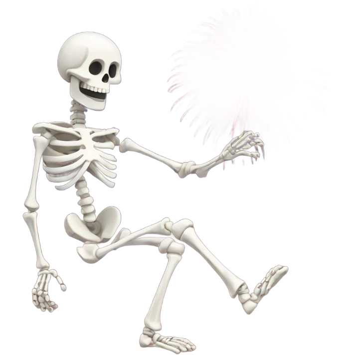 Skeleton standing on one leg next to fireworks emoji