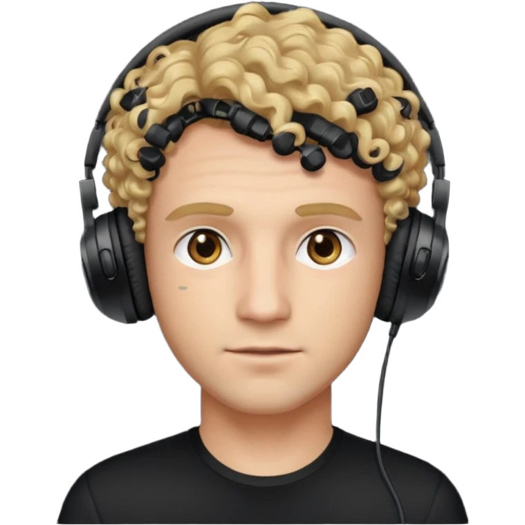 curly blonde haired man with hazel eyes, wearing a black top and black gaming headphones emoji