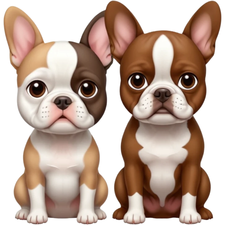 All pure white French bulldog sitting next to skinny brown Boston terrier emoji