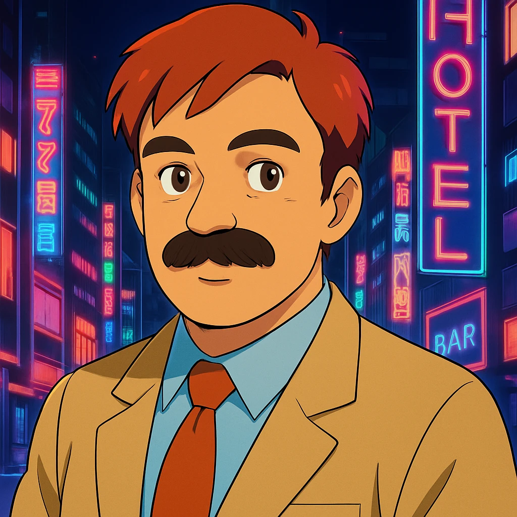 Add a neon city background, keep the 90's anime style and all original colors and lighting emoji