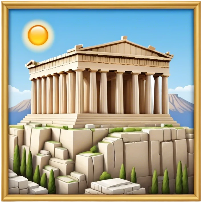 Cinematic Realistic Acropolis Landmark Emoji, showing the Parthenon standing proudly atop the Acropolis hill, with its marble columns glowing under the warm Athenian sunlight against a blue sky. emoji