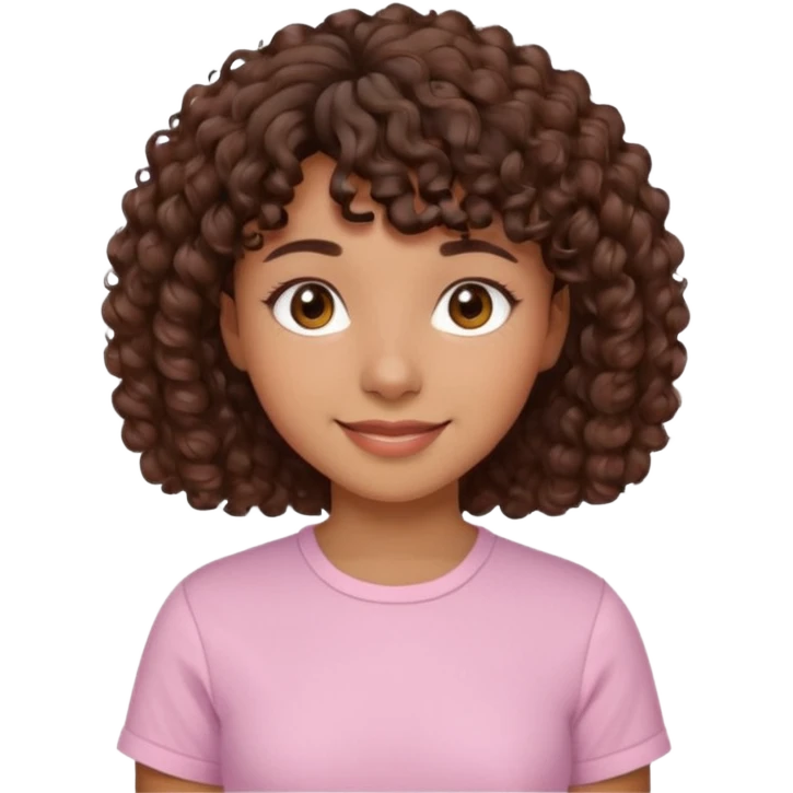 A Latina girl with brown eyes and short curly hair with curly bangs with a light pink shirt emoji