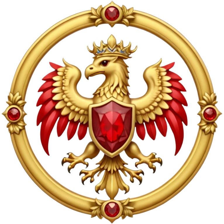 Golden griffin crest / brosch in a circle with red gems and no background emoji