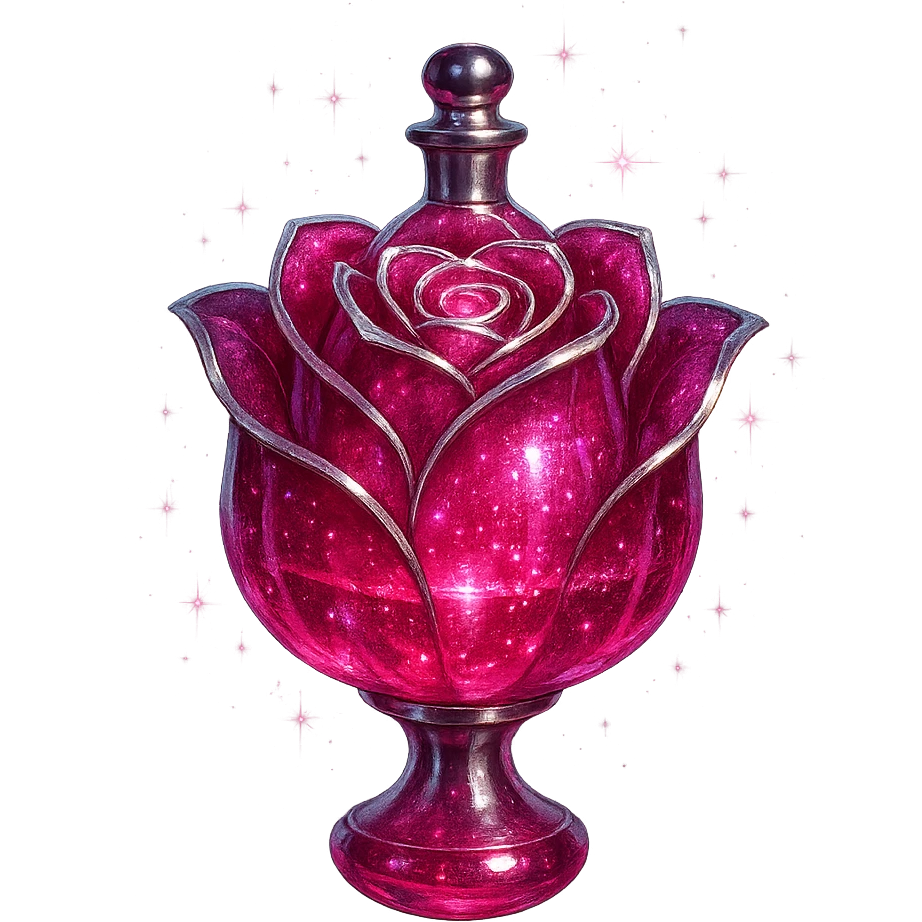 rose-shaped luxurious elixir bottle, deep pink color, iridescent and silver details, intense magical glowing and sparkling effects, very small neck, seamless bottom, transparent background, floating, no base or shadow, modern, matching a collection emoji