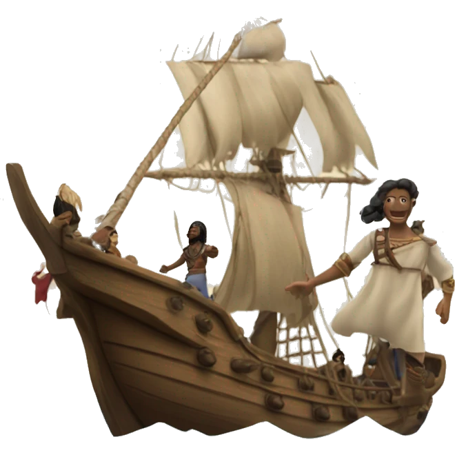 a ship and some land. the ship is approaching the land, and on the ship are british people. they are meeting the indians. emoji