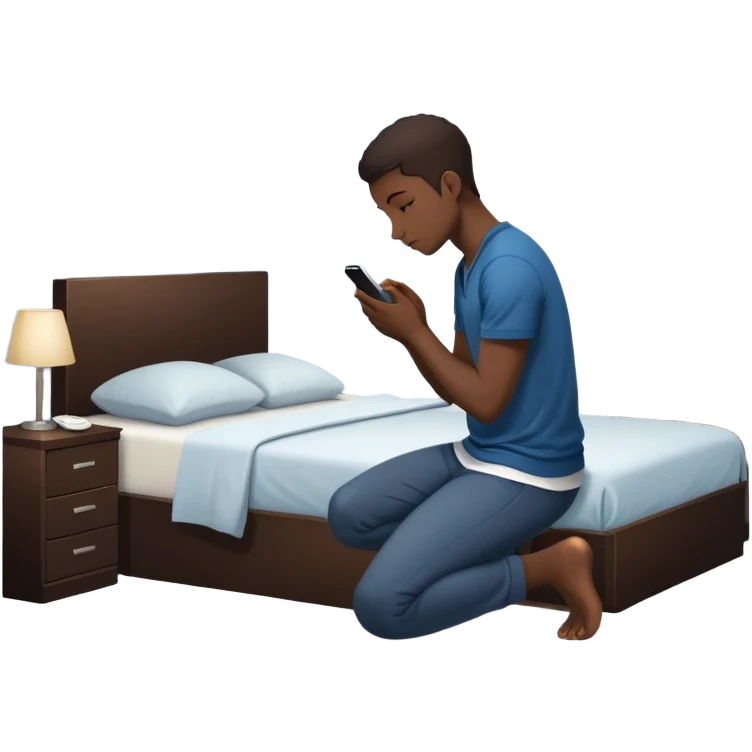 A Gen Z young person kneeling beside bed in bedroom at night praying, smartphone on nightstand, wearing casual clothes, dim lighting, posters on wall emoji