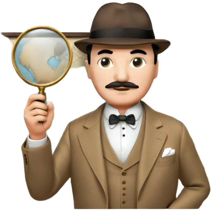 A cinematic-style frame showing Hercule Poirot in his iconic suit with a magnifying glass in a dramatic detective pose. Background should be mysterious city, map, a board with photos of suspects, clues like fingerprints. Transparent background. emoji