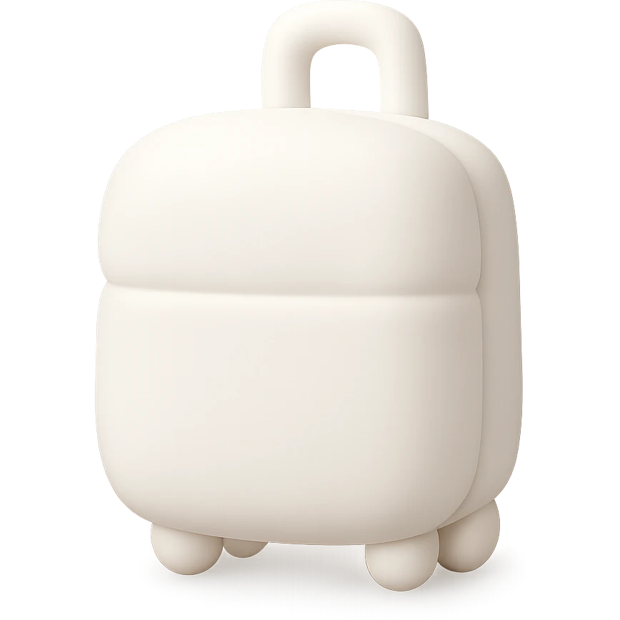 white suitcase on wheels, mochi style, side view, soft shadows and highlights, pure white color, transparent background, no decoration emoji