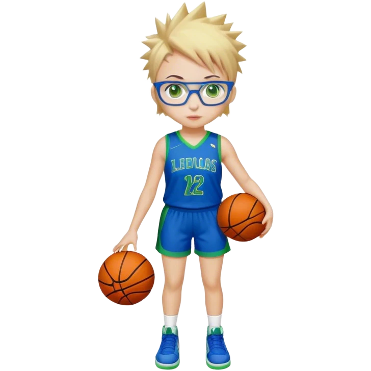 Full Body white plus size Girl with basketball spikey short brown and blonde hair  wearing blue glasses with green eyes wearing blue and green basketball uniform emoji