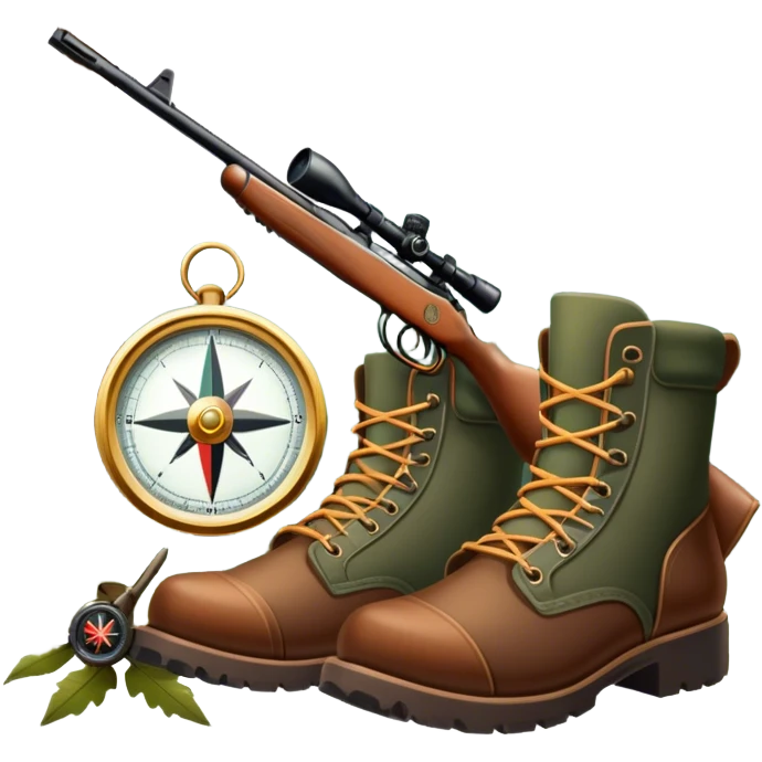 emoji for Hunting Tourism: a hunting rifle, hunting boots and a compass on a forest background, with a silhouette of wildlife in the distance. The icon should capture the adventure and connection with nature in hunting tourism. Transparent background. emoji