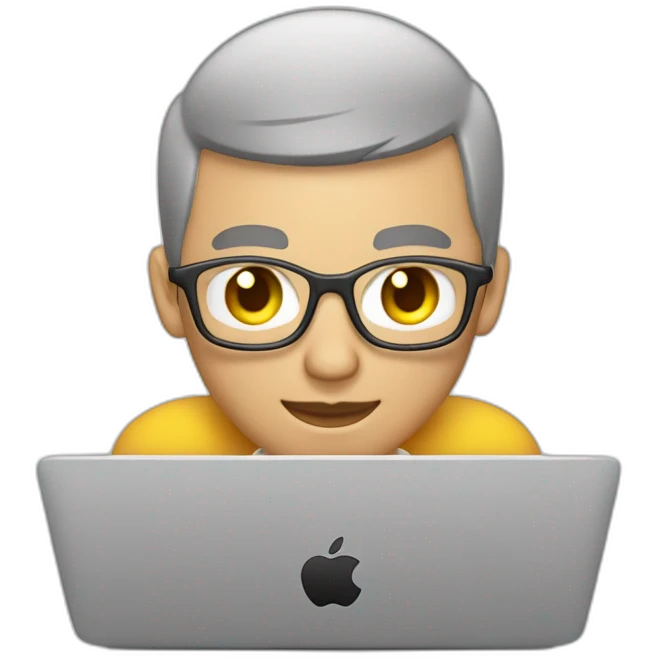 software engineer (white man, buzz cut hair, white gold earrings) in front of laptop, apple-style emoji