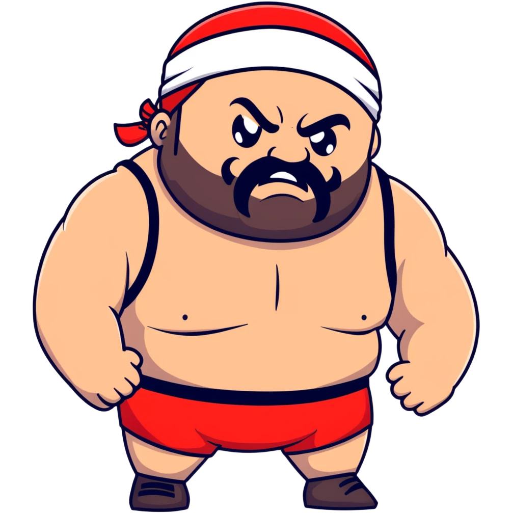 Close-up of extremely fat white skin guy with young face, beard and mustache, no muscle with prominent black durag, black eyes in a red and black wrestling singlet with angry face emoji