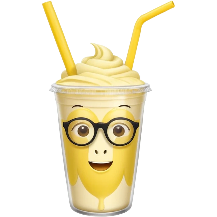 banana milkshake in a take-out cup with glassess and long lashes and banana on top emoji