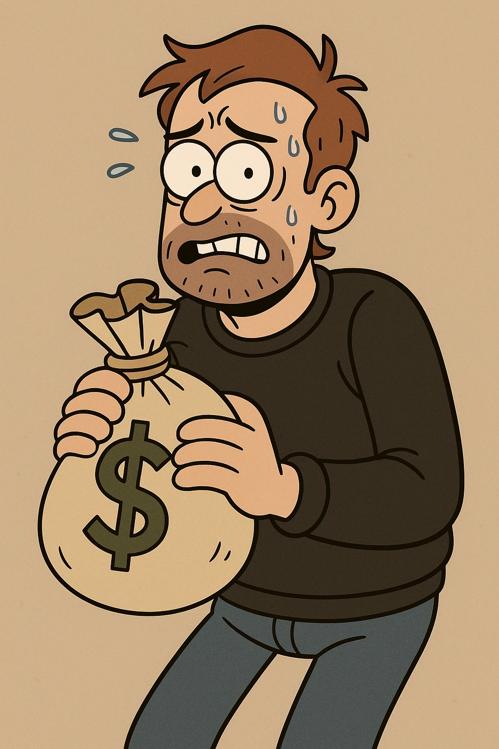 an unmasked man who just robbed a store, looking nervous, holding a bag of money, simple background, cartoon style emoji