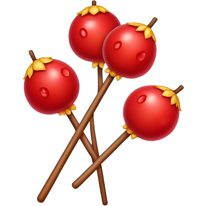 Candied hawthorn fruits on wooden stick Tanghulu, simplified emoji style with bold outlines and bright colors, cartoon style shiny red Chinese sweet emoji