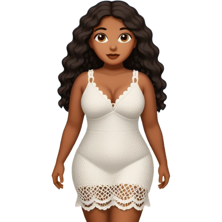 Curvy woman with brown skin with long wavy black hair, brown eyes. She's wearing a white crotchet dress standing on a beach emoji