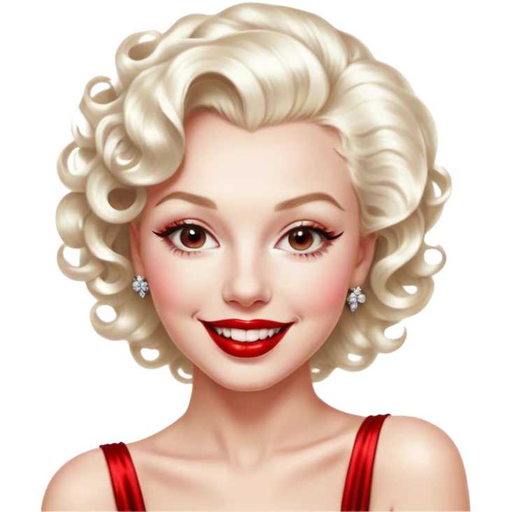 Cinematic Realistic Marilyn Monroe Emoji, featuring a glamorous, high-detail portrayal of the legendary Hollywood star. Her iconic platinum curls, radiant smile, and signature red lips are illuminated by dramatic, vintage-style lighting, evoking the timeless allure of classic cinema. emoji