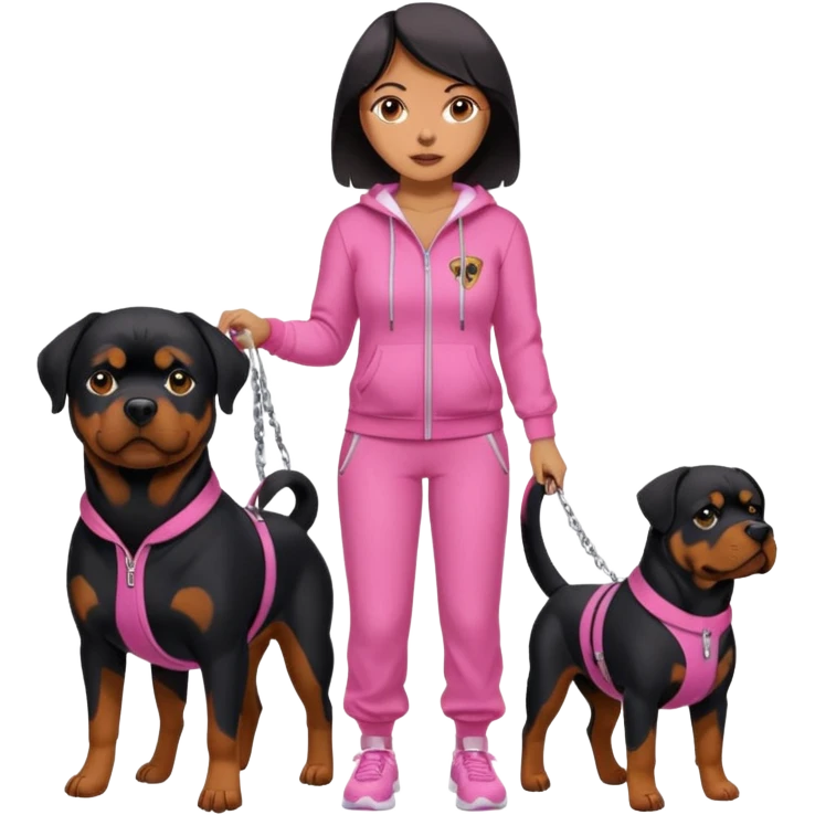 Big Rottweiler on leash held by woman in all pink track suit emoji