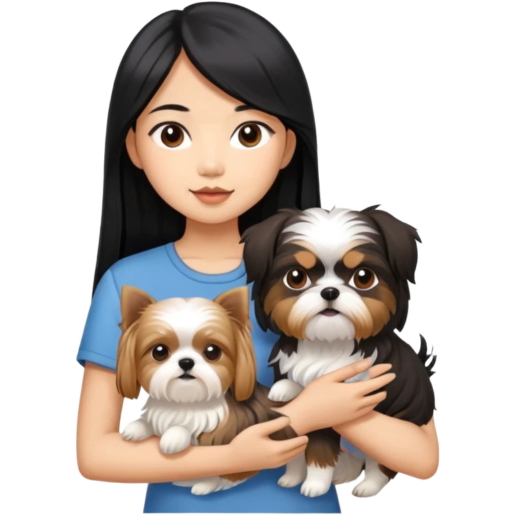 A beautiful Asian girl with long black hair is holding a Yorkshire Terrier. She is standing next to her brown skinned boyfriend, who is holding a Shih Tzu. They are each holding one dog each emoji