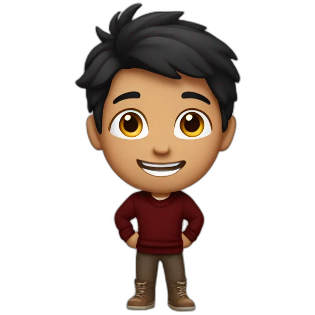 smiling and pointing 3 years old white skin indian with black hair wearing a dark red sweater emoji