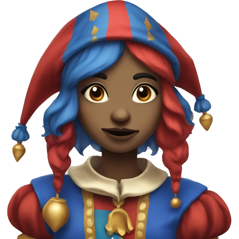 Pomni a female jester with red and blue jester clothes with a sad face emoji