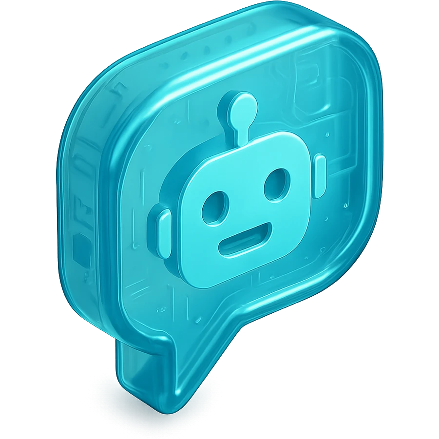 Icon of a speech bubble with a robot face, cyan blue emoji