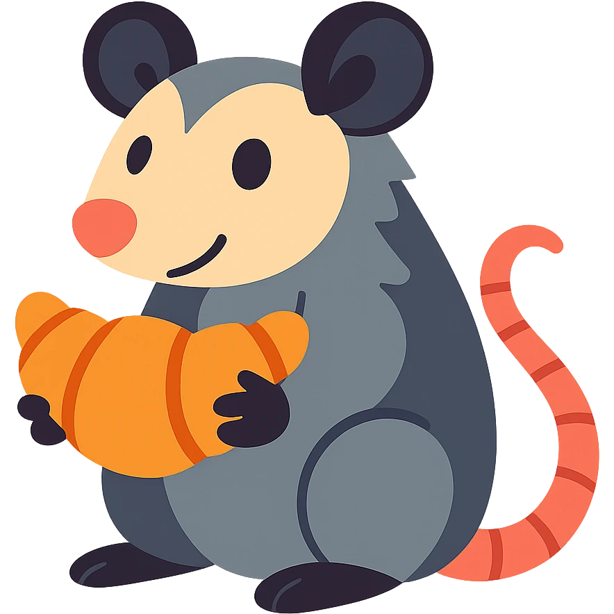 cute cartoon possum holding a croissant emoji