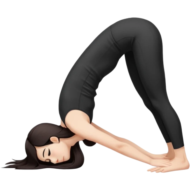 Девушка белокожая в позе собака мордой вниз, с длинными темными волосами, в коротком белом топе, в черных лосинах, с черными ресницами emoji