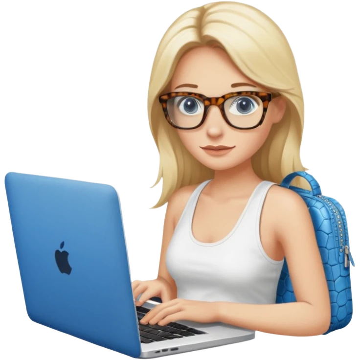 long blonde hair woman blue eyes with tortoise shell print glasses wearing white tank top on mac book with a white crocodile patterns laptop case  emoji