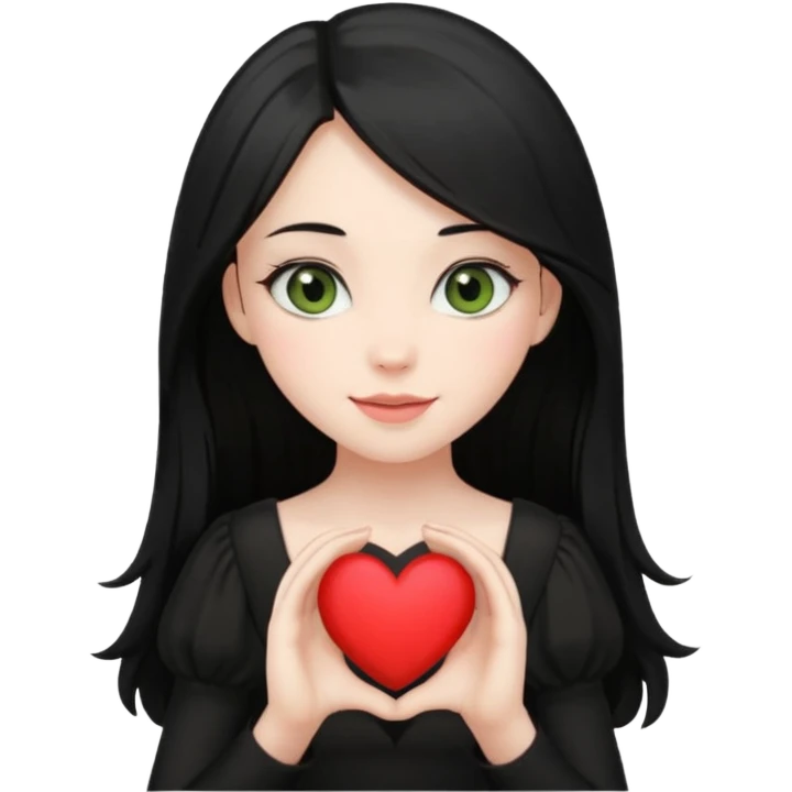 Pale girl with long black hair and olive green eyes soft smile wearing black dress and holding a heart emoji