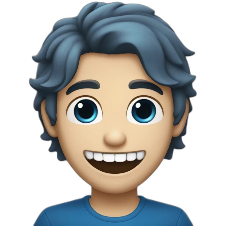 Un jeune homme brun les cheveux bleus qui sourit avec des dents de vampire emoji