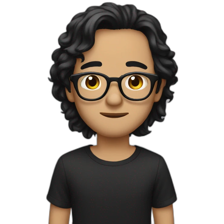 Beige guy, black eyes, black long wavy hair, no facial hair, thin long nose, round glasses, black t shirt emoji