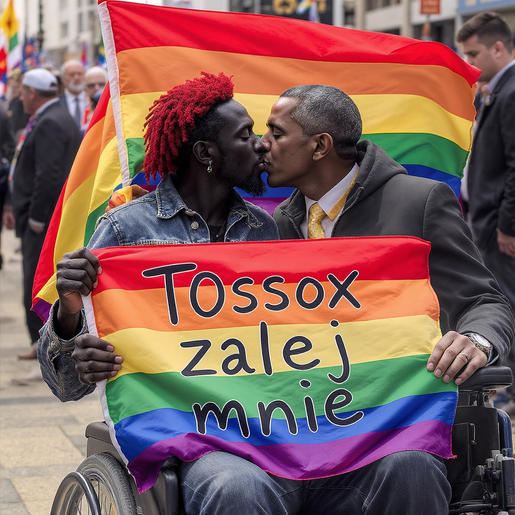 Black man with red hair sitting on wheelchair holding lgbt flag holding text "T0ssox zalej mnie" kissing with barack obama emoji