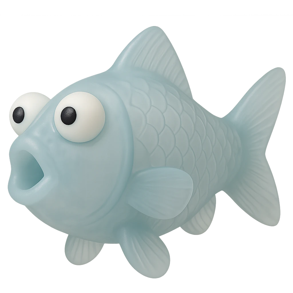 Make the fish's body much more transparent so you can clearly see through it. Keep the semi-transparent blue plastic, derpy eyes, and retro 90's toy look. No background. Hyper-detailed, soft plastic, soft reflections, soft and squishy, some cloudiness, not shiny, highly detailed, appealing. The style should reflect a retro 90's toy with semi-transparent blue plastic and derpy eyes, emphasizing transparency and softness. emoji