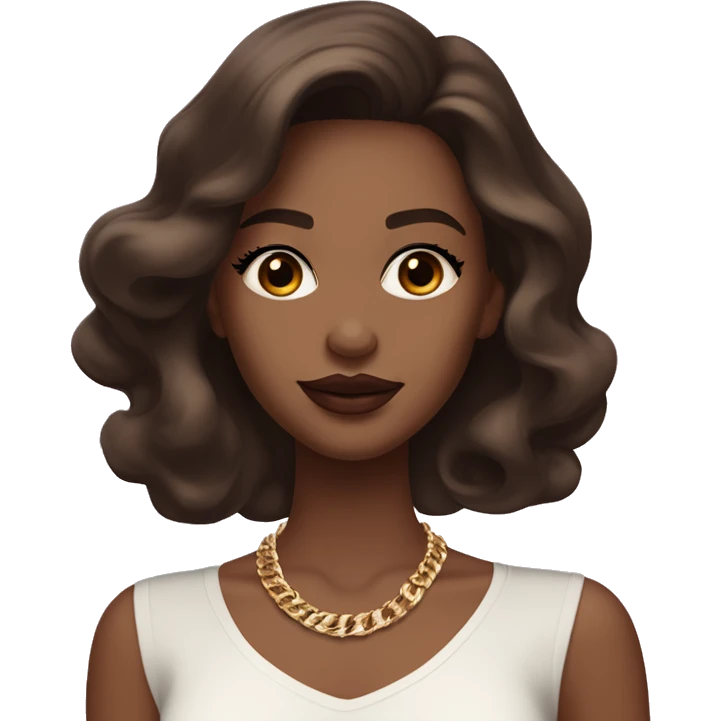 Girl with brown cateyes and a white skin tone long eyelashes with long dark brown hair in a side parting in a wavy/blowout effect style wearing white scoop neck top and wearing a gold necklace and has plump light pink glossy lips emoji