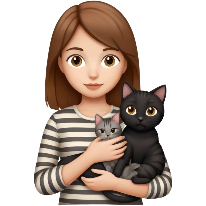 tan brown-haired girl holding two cats, one black cat and one grey-striped cat emoji
