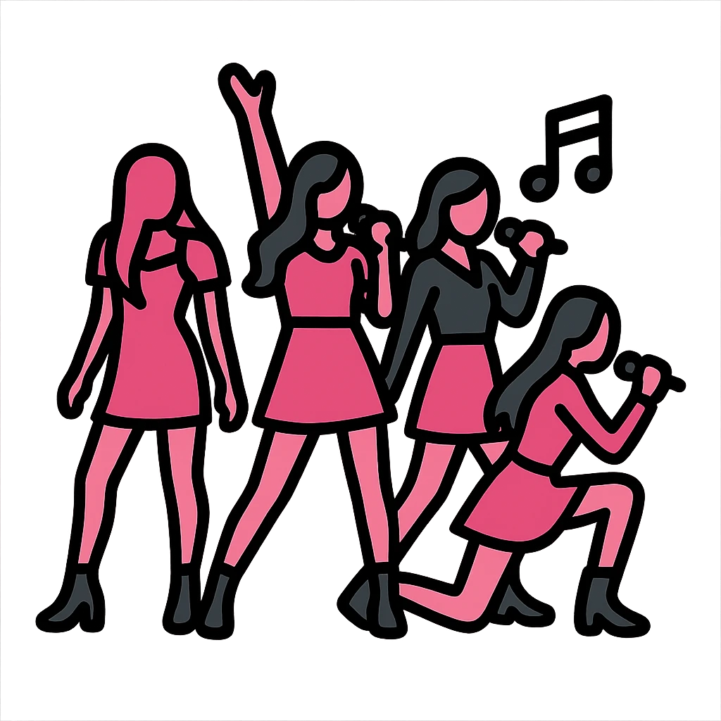 Blackpink group silhouette, dynamic pose, pink and black, music theme emoji