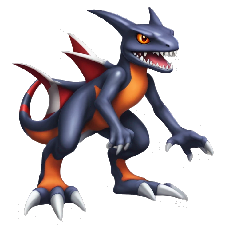 Black, Red, Orange, Beige, Modern, Cool, Edgy, Badass Punk-style Garchomp-Charmeleon-Sergal Fakémon-Digimon with sharp edgy striking detailed stripe-markings,  full body emoji
