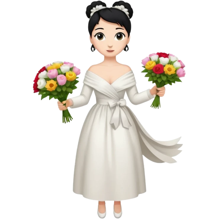 Chica blanca,cuerpo entero, vestido fiesta blanco ,manga larga ,con estola, pelo negro,    ramo de flores una mano, pelo recogido en moño alto emoji