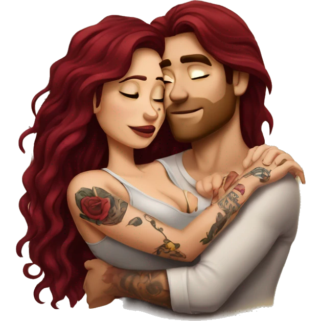 Beautiful tattooed burgundy long haired woman laying on the boyfriends chest emoji